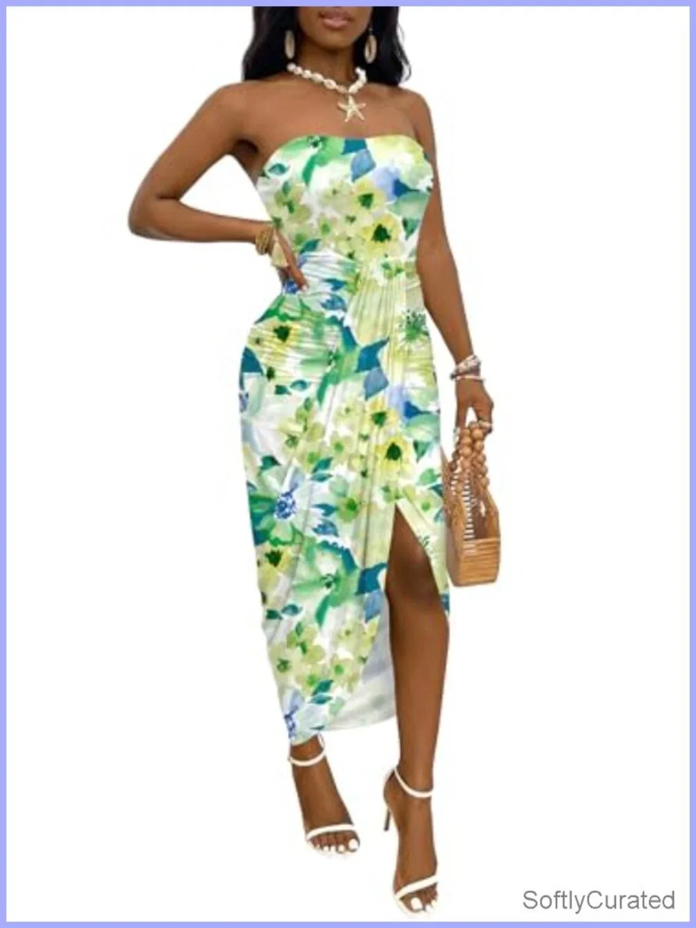Strapless Ruched High Waist Wrap Maxi Dress with Split